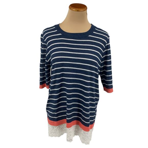 Christopher & Banks Thin Knit 3/4 Sleeve Blue White Stripe Sweater Size Large - Picture 2 of 7